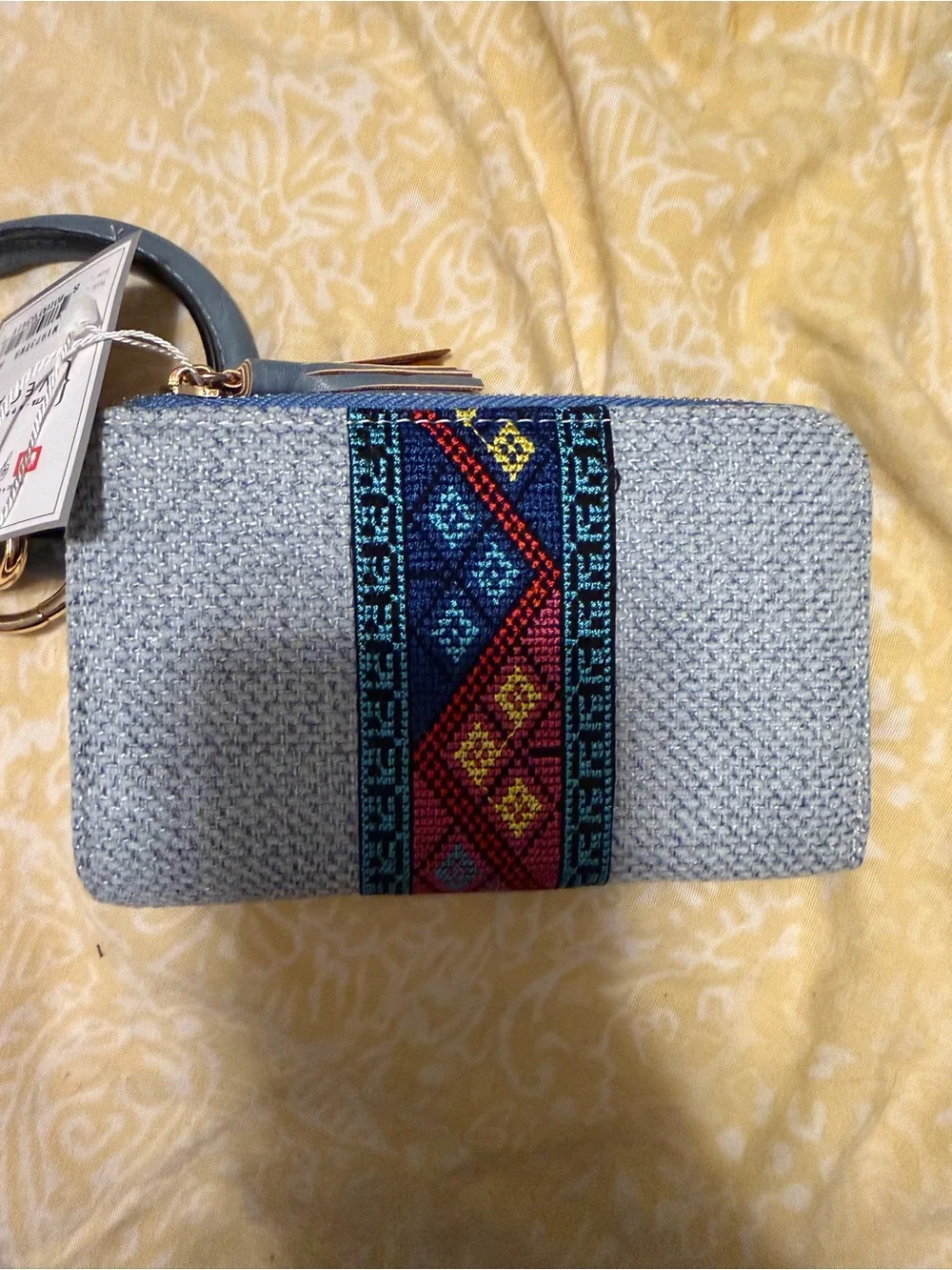 Light Blue Embroidered Stripe Wristlet Key & Card Holder